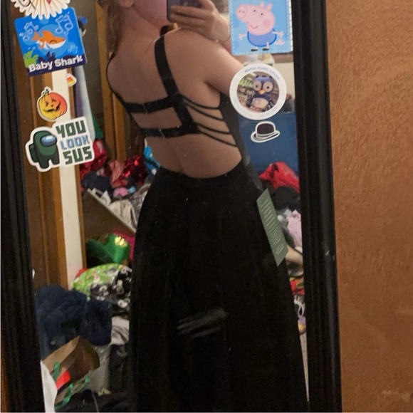 Black Satin Prom Dress With Open Back and Slit - Picture 3 of 4